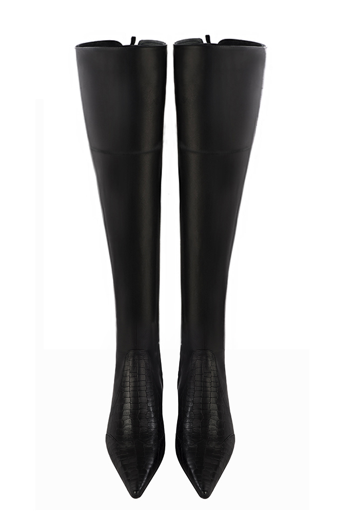 Satin black women's leather thigh-high boots. Pointed toe. Low flare heels. Made to measure. Top view - Florence KOOIJMAN